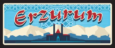 Vintage postcard for Erzurum Turkish il. Vector retro banner with intricate oriental ornament, mountains and a historic building. Plaque or plate emphasizing rich culture and architecture of Turkeyのイラスト素材