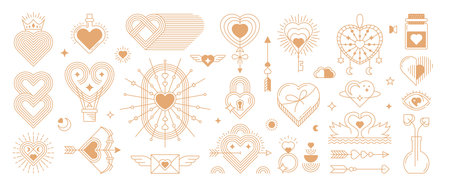 Golden boho Valentine symbols of love hearts with vector line bohemian pattern. Abstract minimal art moon, esoteric eye, magic love potion. Valentines Day holiday boho hearts, Cupid arrows and letterのイラスト素材