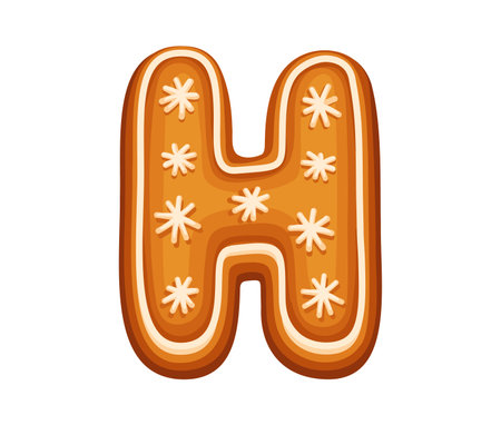 Christmas gingerbread cookie letter H decorated with icing snowflakes, holiday New Year type, sweet festive english pastry alphabet. Isolated cartoon vector gingerbread dessert font, xmas typefaceのイラスト素材
