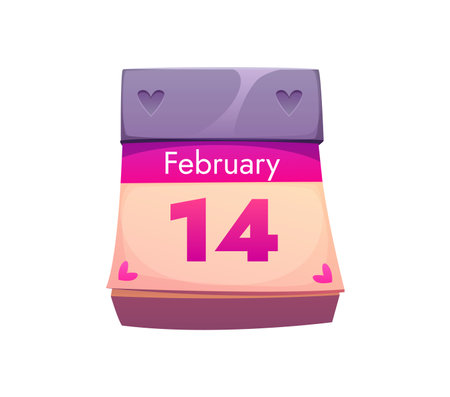 Valentine Day calendar page showing February 14th date, highlighted with pink hearts for expressing love and celebrating romantic holiday event. Isolated cartoon vector reminder for Valentines dayのイラスト素材