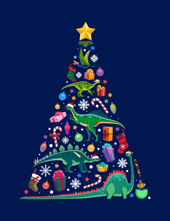 Christmas dinosaurs tree. Cartoon vector festive decorated pine tree with playful dino animals and cute hatching reptile baby among gifts, ornaments and candy canes, ready for holiday celebrationのイラスト素材