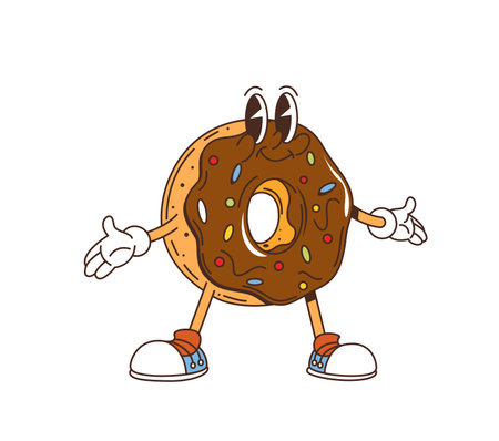 Cartoon retro groovy donut fast food character with happy face, vector funny smile or dessert emoji. Groovy donut pastry with chocolate and caramel sprinkles for fast food cartoon sweet characterのイラスト素材