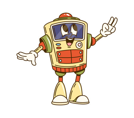 Cartoon groovy robot character with futuristic appearance showing peace sign with it hand. Isolated vector playful ai droid personage exudes friendly and nostalgic sci fi retro futuristic vibe of 80sのイラスト素材