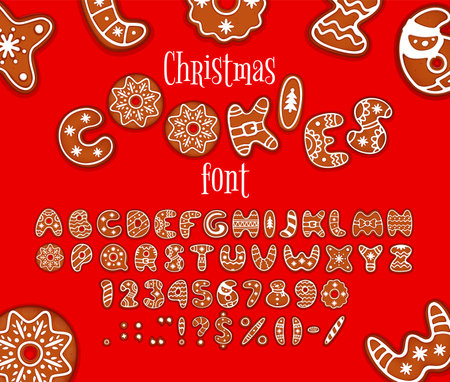 Christmas cookie font, gingerbread bakery typeface, Xmas biscuit type, holiday sweet alphabet, numbers and signs decorated with icing, capturing festive seasonal eve spirit for cards and invitationsのイラスト素材