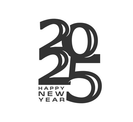 2025 calendar number. Vector bold and artistic black and white happy new year text with dynamic curves and 2025 symbols neatly incorporated. Stylish new year greetings or festive event modern numbersのイラスト素材