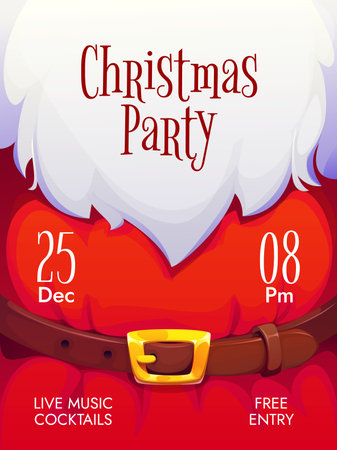 Santa beard Christmas flyer or holiday poster card for party event, vector background. Christmas party invitation poster or entry flyer with Santa beard and belt with golden buckle for celebrationのイラスト素材
