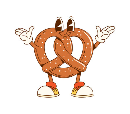 Cartoon groovy pretzel fast food character. Isolated vector bakery and pastry retro personage with a playful expression, wearing retro sneakers and exudes funky vibe. Fresh snack with cheerful smileのイラスト素材