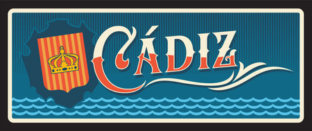 Spain Cadiz metal plate and tin sign, vector city entry signage. Spain welcome road sign or metal plate with Spanish city tagline and travel landmark symbol, spanish coat of arms. Andalusia regionのイラスト素材