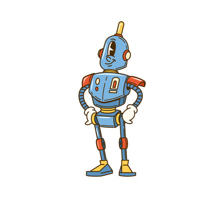 Cartoon retro groovy robot character with playful expression, antenna and friendly smile. Vintage futuristic personage with knobs, gears and metallic limbs, exuding fun, nostalgic sci fi vibe of 1980sのイラスト素材