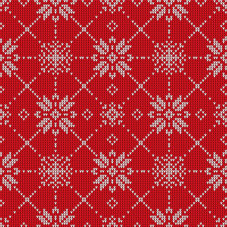 Christmas holiday red knit sweater pattern, festive crochet tile. Vector seamless knitted texture background with xmas and new year winter snowflakes ornaments in traditional red and white colorsのイラスト素材