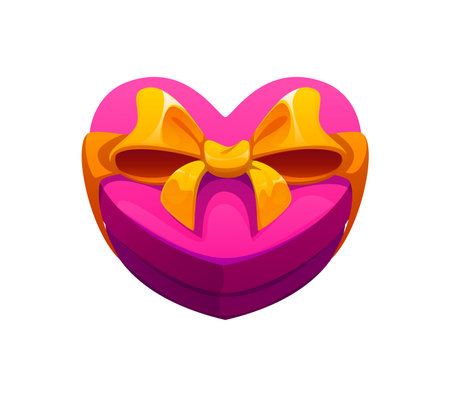 Valentine day heart shaped gift box with golden bow symbol of love, affection and holiday celebration. Isolated cartoon vector pink present pack adorned with striking gold ribbon for romantic occasionのイラスト素材