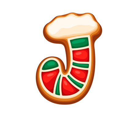 Gingerbread cookie in shape of letter J adorned with red and green icing. Cartoon vector Christmas cookie font, xmas typeface, new year type, english pastry alphabet for festive or holiday celebrationのイラスト素材