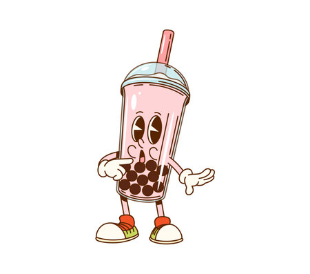 Cartoon groovy pink bubble tea fast food character. Isolated vector disposable cup with tapioca pearls and a straw, wearing sneakers. Retro drink personage expressive eyes and a surprised expressionのイラスト素材