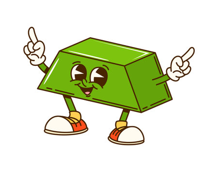 Groovy math geometric trapezoid figure character. Isolated cartoon vector funky shape with big eyes, wide smile and green color exuding joyful energy ready for playful educational school adventuresのイラスト素材