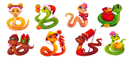 2025 cartoon snake characters for Chinese lunar New Year, vector personages. Funny snakes in dragon mask with lanterns and firecracker petards or Santa gifts for 2025 Chinese lunar New Year calendarのイラスト素材