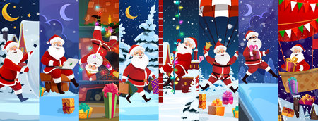 Christmas Santa characters collage. Vector festive Xmas holiday scenes with playful cartoon Santa engaged in parachuting, delivering gifts, flying on air hot balloon and working on laptop activitiesのイラスト素材