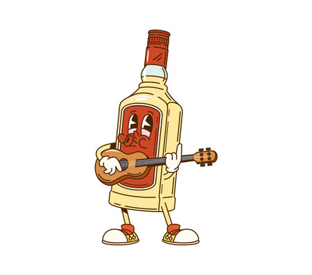 Cartoon groovy Mexican tequila bottle character with expressive eyes, playing a guitar. Isolated vector alcohol drink personage wearing sneakers, with a happy and musical vibe, conveying festive moodのイラスト素材