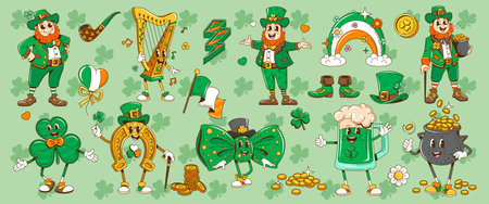 Cartoon retro groovy Saint Patrick day holiday characters and objects. Irish St Patricks vector personages, funny leprechauns, trefoil shamrock, gold coins pot and rainbow, hippie flowers, green beerのイラスト素材