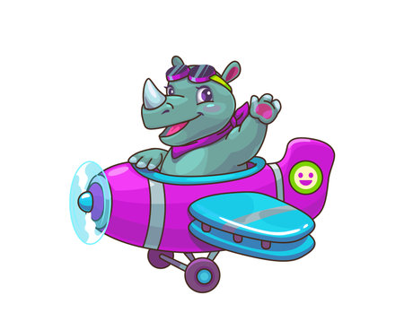 Cartoon rhino animal kid pilot on plane, baby character on airplane. Isolated vector adorable rhinoceros wearing pilot glasses and scarf gleefully driving biplane waving a paw, ready for air adventureのイラスト素材