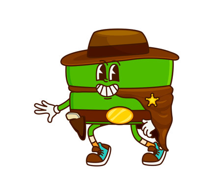 Groovy equal sign cowboy sheriff or Western cartoon character, vector math symbol. Funny groovy equals sign as Texas sheriff in cowboy hat with guns and star badge as Wild West cartoon characterのイラスト素材