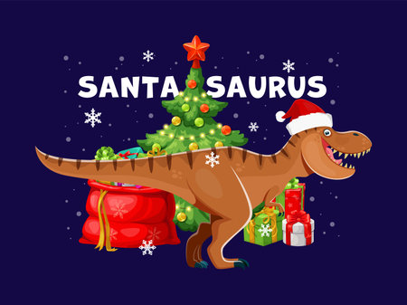Christmas tyrannosaurus dinosaur greetings. Cartoon vector trex dino animal wearing Santa hat stands beside a decorated Christmas tree and presents, creating a fun, playful and festive holiday moodのイラスト素材