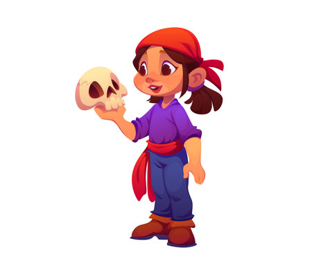 Cartoon kid corsair pirate girl character with a cheeky grin, dressed in a purple shirt and red bandana holds a human skull playfully in one hand, capture a lighthearted, adventurous pirate spiritのイラスト素材