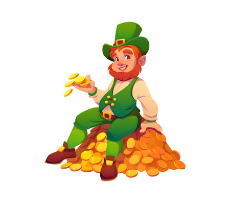 Cartoon Irish leprechaun man character sitting on a pile of golden coins, symbolizing good luck and prosperity. Isolated vector happy and cheerful Irish leprechaun personage of St Patrick Day folkloreのイラスト素材