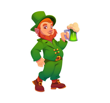 Cartoon Irish leprechaun man character holding a frothy beer mug. Isolated vector cheerful joyful elf dressed in green suit, cheerfully holding a tankard of traditional ale, celebrating St Patrick Dayのイラスト素材