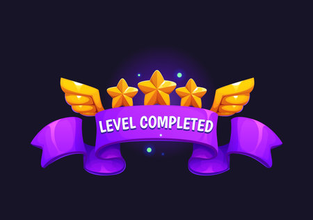 Level completed game asset icon or badge featuring three golden stars, wings and purple ribbon. Vector video game achievements, app icon or digital rewards, conveying accomplishment and progressionのイラスト素材