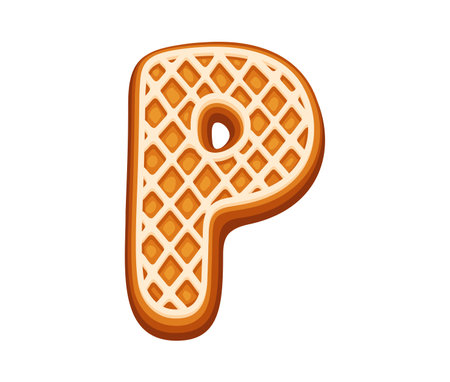 Festive gingerbread letter P with Christmas decorations. Isolated cartoon vector Christmas gingerbread font, xmas typeface, new year type, English pastry alphabet character with white icing mesh decorのイラスト素材