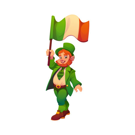 Cartoon leprechaun man character waving the Irish flag. Isolated vector fantasy personage dressed in traditional green attire, embodies Irish folklore and festive spirit of St Patrick Day celebrationsのイラスト素材