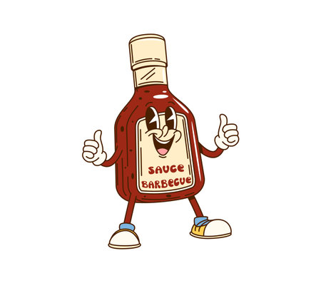 Cartoon groovy barbecue sauce bottle character with happy face, vector emoji. Groovy BBQ sauce bottle character in retro cartoon with thumbs up and funky happy smile for fast food hot dog or grillのイラスト素材