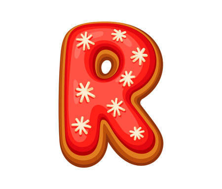 Christmas gingerbread letter R with bright red icing and star shaped snowflake decorations. Isolated cartoon vector gingerbread font, xmas typeface, new year type, english pastry alphabet for holidayのイラスト素材