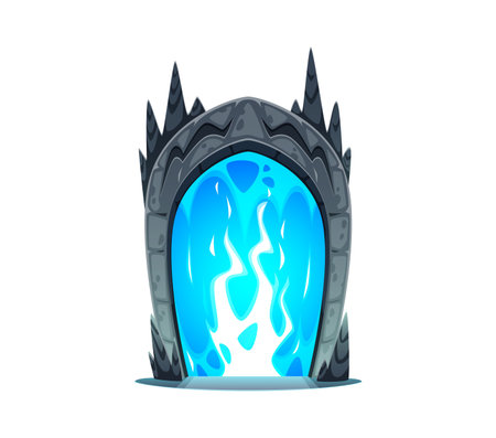 Magic portal door, fantasy stone arch or gate game asset. Vector mysterious, witchcraft or time travel teleport entry with blue plasma energy. Ancient doorway framed by dark rocky arc emits soft glowのイラスト素材