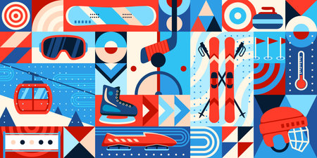 Winter sport abstract geometric pattern background. Vector modern, stylish tile showcasing winter sports equipment, including skis, helmets, goggles and hockey sticks, with clean lines and bold shapesのイラスト素材