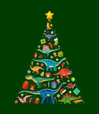 Christmas dinosaurs tree decorated with cartoon dino species, ornaments, festive stars, gifts, santa hats, petards and candy canes. Vibrant and playful vector holiday tree with fun prehistoric animalsのイラスト素材