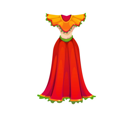 Cartoon traditional Mexican women dress in red and orange colors with green accents, highlighting the rich culture and festive spirit of Mexico. Isolated vector gown symbolizing cultural celebrationのイラスト素材