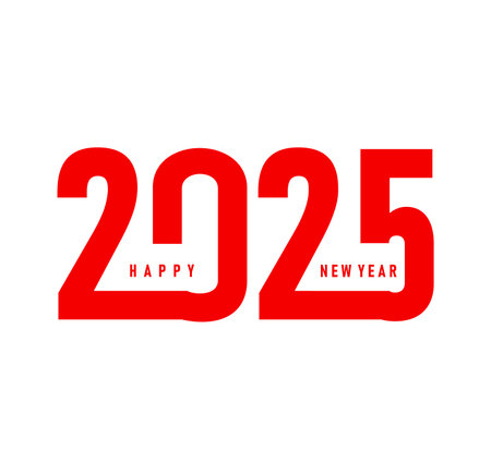 Happy new 2025 year calendar number. Vector bright and modern typography featuring bold red Happy New Year 2025 text for festive greetings, calendars. festive event celebrations and promotionsのイラスト素材