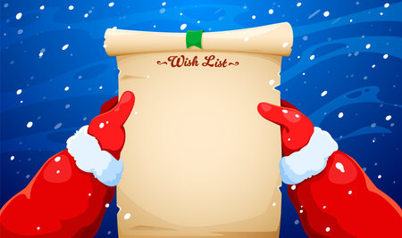 Santa holding a Christmas wish list in hands. Cartoon winter xmas holiday wishlist top view against a snowy, festive background with falling snowflakes capturing winter magic of gift giving traditionsのイラスト素材