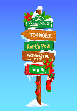 Xmas north pole signage, Christmas wooden sign board featuring holiday destinations Santa house, wonderful place, fairy way and toy world. Festive signpost adorned with red bow, sock, holly and snowのイラスト素材