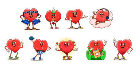 Cute groovy heart characters conveying messages of love, y2k vibe and positivity with drum, party hat and funky gestures. Cartoon hearts relaxing on cloud, workout with dumbbell and eating pop cornのイラスト素材