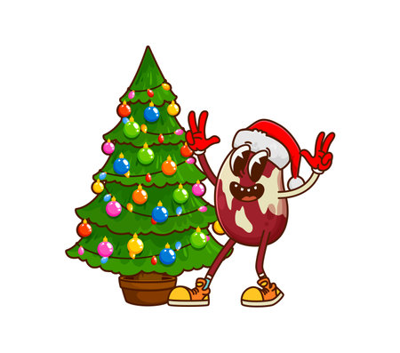 Christmas kidney bean groovy character celebrating near the holiday tree. Isolated cartoon vector cheerful protein healthy snack personage in Santa hat spreading festive joy and seasonal Xmas vibeのイラスト素材