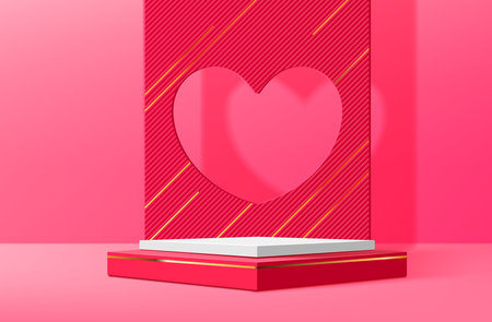 Valentine day podium stand with love heart shape on the wall with striped pink and red pattern. Vector festive background with 3d square stage for romantic product display, presentation or celebrationのイラスト素材