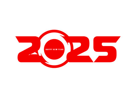 Happy new 2025 year calendar number. Red bold typography welcoming the upcoming year 2025 and festive celebrations. Isolated vector calendar date, symbolizing festive greetings and annual eventsのイラスト素材