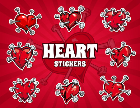 Tattoo of divorce hearts pierced by nails, stickers pack. Cartoon vector patches featuring red hearts pierced by nails, symbolizing love, heartbreak and emotions for Valentines day and romantic decorのイラスト素材