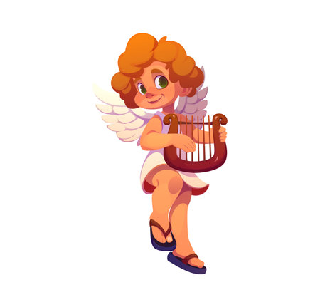 Cartoon valentine day holiday cherub playing a lyre. Isolated vector charming angel with wings and a harp creating romantic mood for holiday, capturing the essence of affection, love and celebrationのイラスト素材