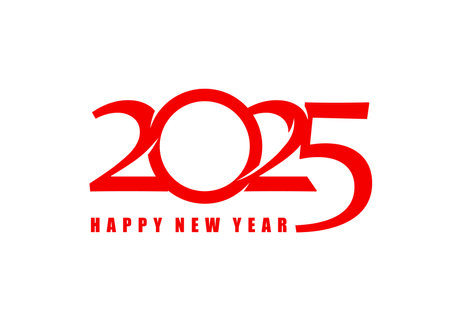 Happy new year 2025 calendar number. Vector bright and modern typography conveying excitement and joy, featuring bold red Happy New Year 2025 text for festive greetings, celebrations and promotionsのイラスト素材