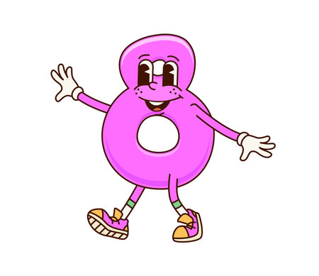 Groovy math number 8 Eight cartoon character with happy face, vector funny numeral. Groovy number 8 or Eight numeral with laughing smile for kids mathematics counting or font cartoon characterのイラスト素材