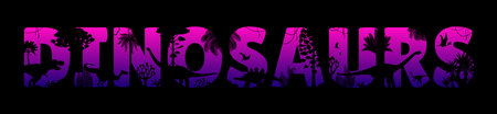 Dinosaurs jungle forest sunset silhouette of Jurassic lizards in cutout letters, vector background. Prehistoric dino park banner with T Rex giant lizard and dinosaur reptiles silhouettes in lettersのイラスト素材