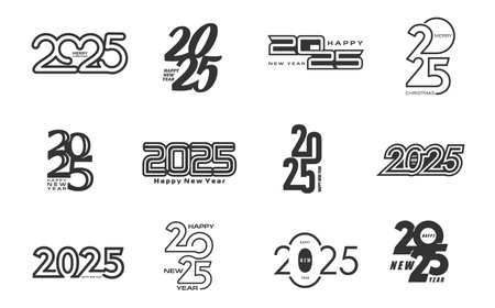 2025 calendar numbers with Happy New Year greeting for holiday date, vector icons set. 2025 Happy New Year in retro or modern trendy font text for calendar, invitation poster or social media bannerのイラスト素材